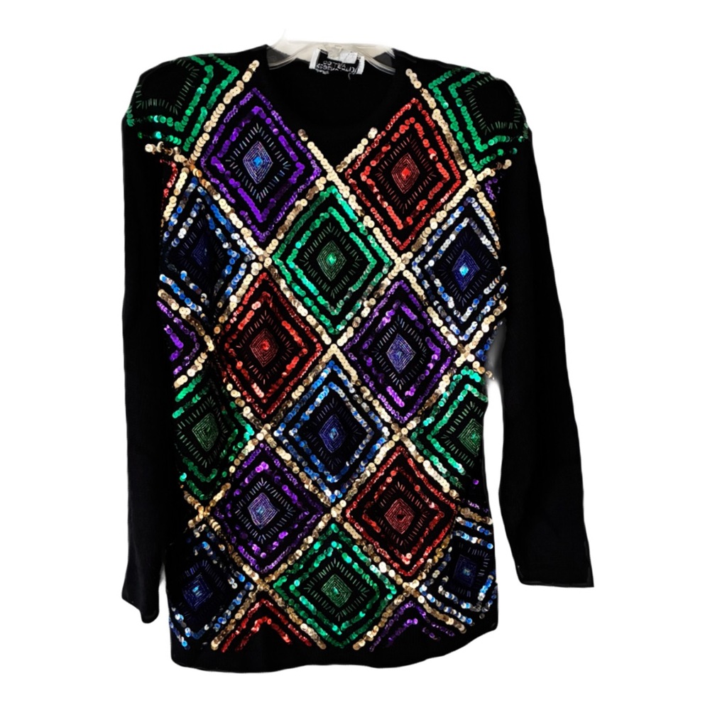 Regency Collection Black Sweater w/ Multi-Color Sequin Design, Sz. S, Vintage